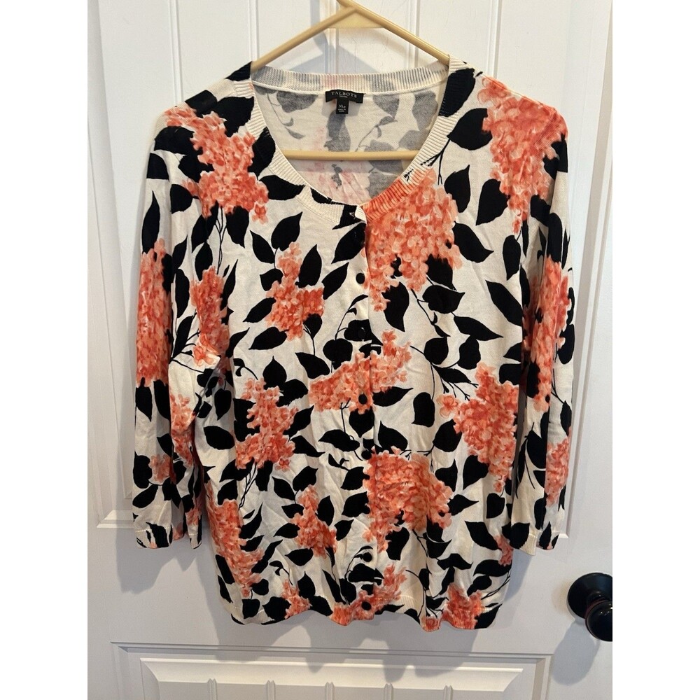 Talbots Petite XLP Floral Cardigan Sweater Cotton Brown Button Front Ivory Pink